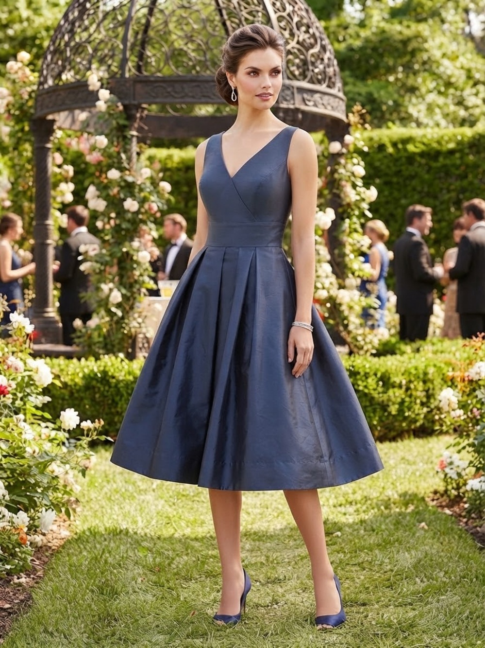 ALFRED SUNG Navy V‑Neck Pleated A‑Line Midi Dress